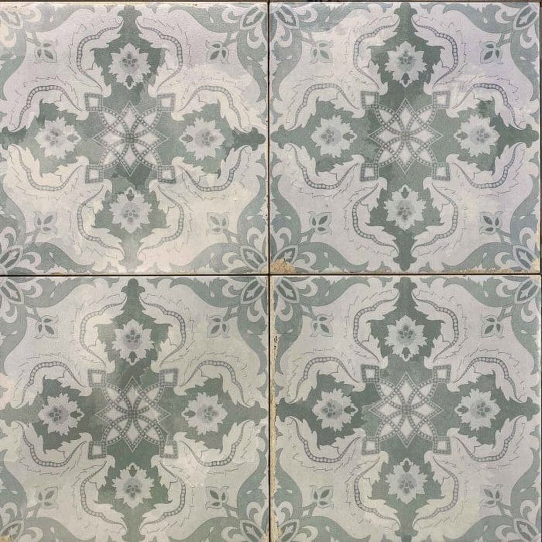 Retro Light Green and White Matt Floral Patterned Non Rectified Glazed Porcelain Wall & Floor Tile 3451 200 × 200 mm