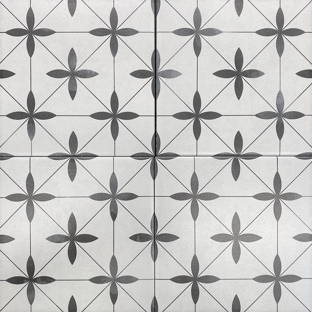 Retro White and Charcoal Leaf Pattern Matt Non-Rectified Glazed Porcelain Wall & Floor Tile 3453 200 × 200 m